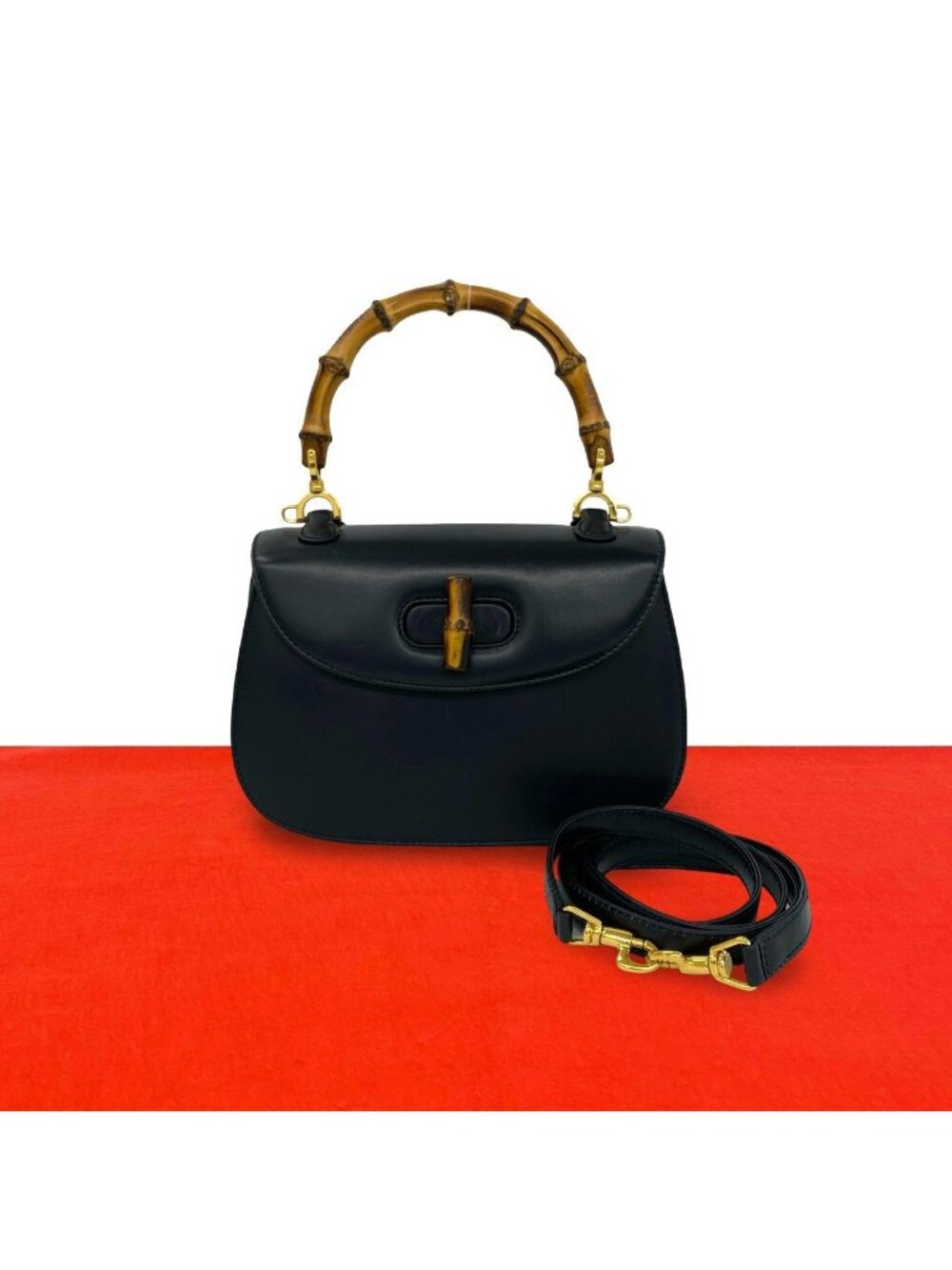 Gucci Vintage Bamboo Leather 2-Way Shoulder Bag Navy